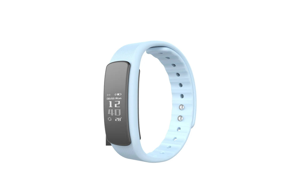 I6 smart sports bracelet with black TPU wristband and 0.96 inch touchscreen displaying health data.