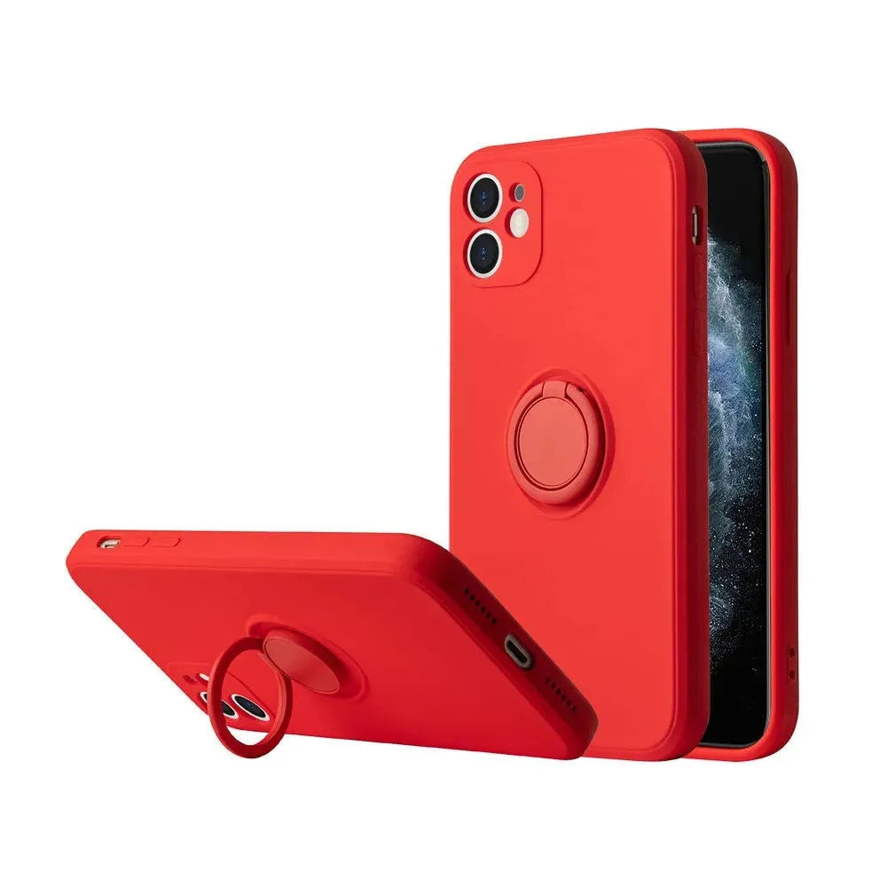 Liquid silicone iPhone 12 case with an integrated ring holder on the back, shown in a choice of colours.