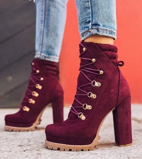 Women's suede ankle boots with thick heels, waterproof platform, and round toe design in multiple colours