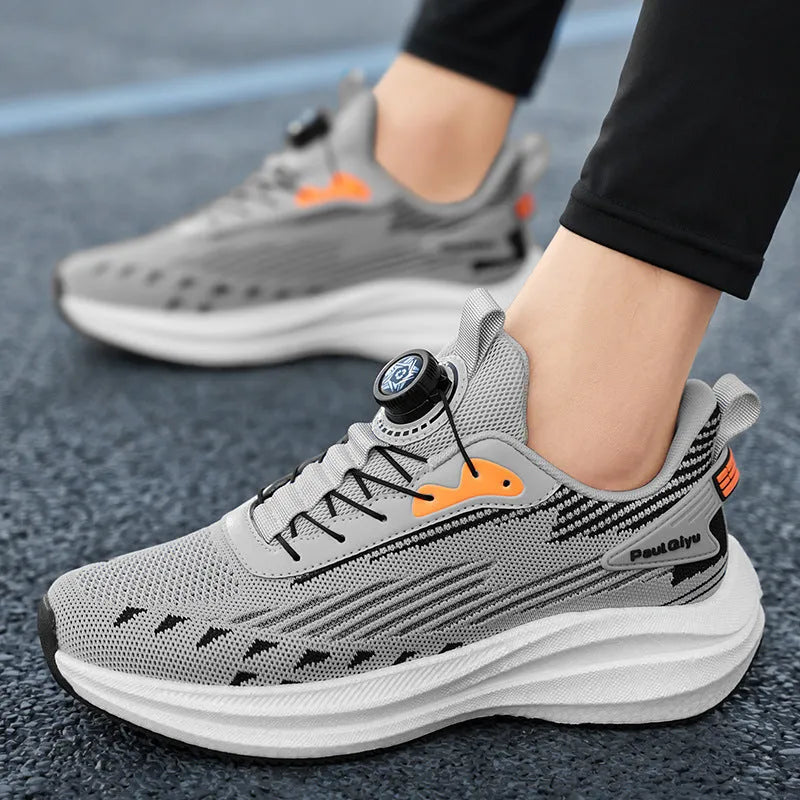 Men's low-top casual running shoes in black with Fly-kit mesh upper, rotating buckle, and lace-up front.