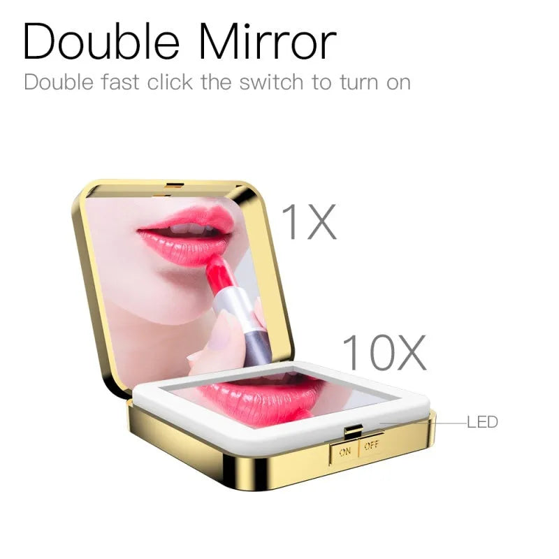 Black and white makeup mirror with adjustable lighting and 4x magnification