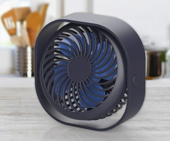 USB desk fan in blue colour with 360-degree rotation head and rotary switch, showing modern simple design.