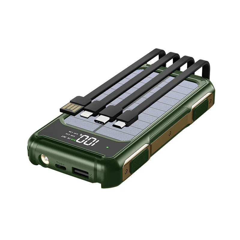 Black, green, and orange military grade mobile power bank showing 10000mAh and 20000mAh capacity options