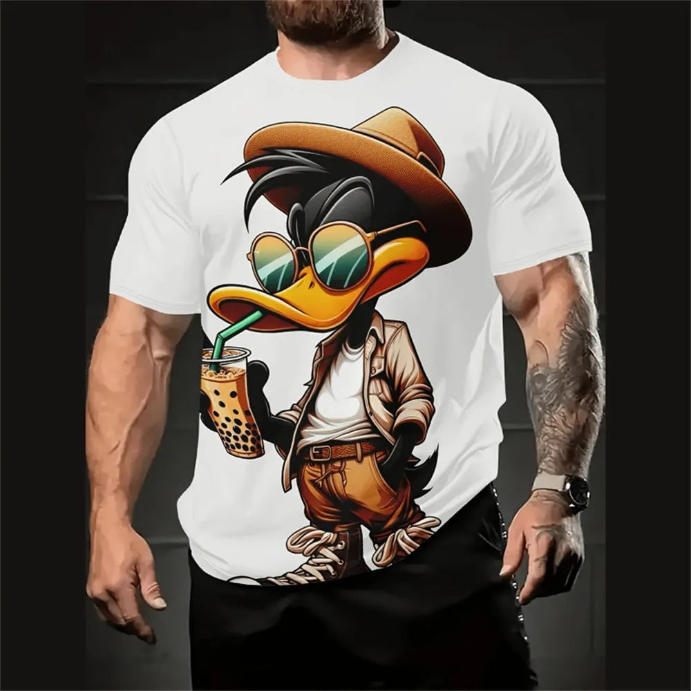 Man wearing a loose-fit short-sleeve shirt with a colourful cartoon print, showing front detail.