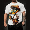 Man wearing a loose-fit short-sleeve shirt with a colourful cartoon print, showing front detail.