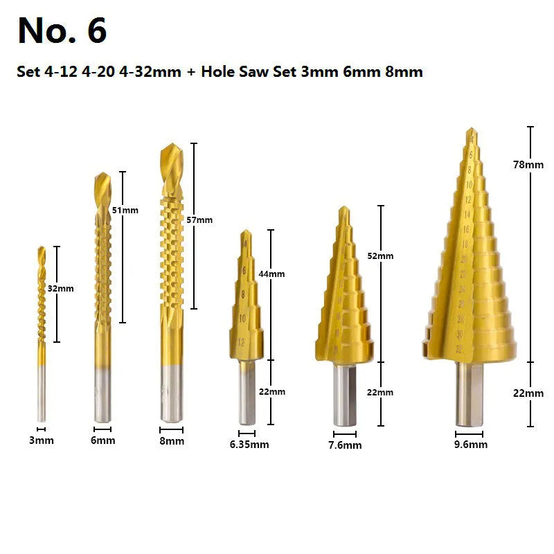 High-speed steel cone drill bit punch set with step bits and centre punch for metal drilling