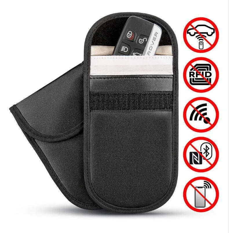 Black microfiber RFID blocking bag for car keys and cards measuring 13.5 by 9.5 cm