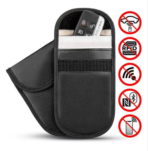 Black microfiber RFID blocking bag for car keys and cards measuring 13.5 by 9.5 cm