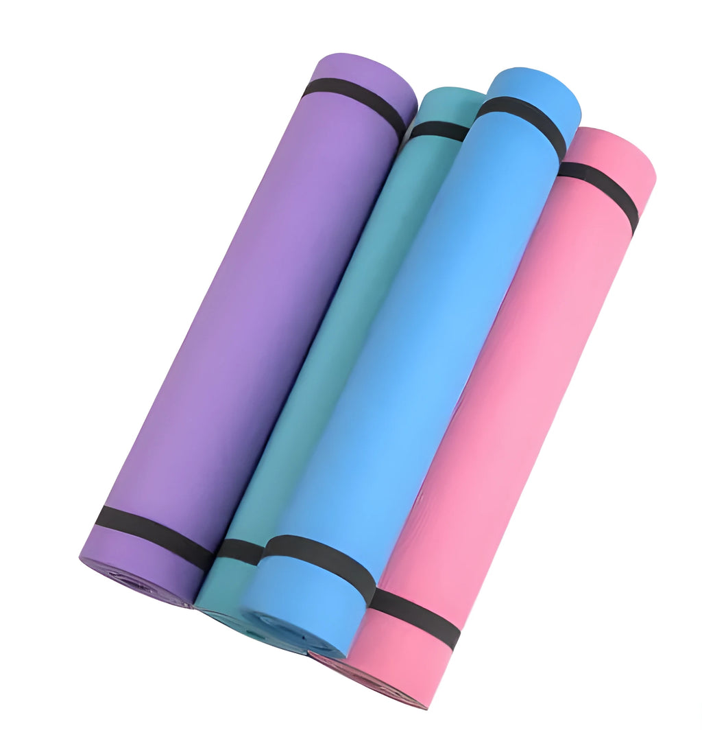 EVA yoga mat in multiple colours showing 4mm and 6mm thickness options for fitness and exercise