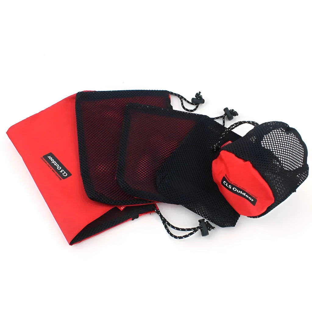 Set of five red Oxford cloth travel storage bags with zippered closures and multiple pockets