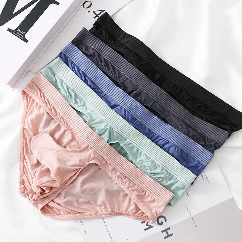 Men's low waist ice silk briefs in five colour options showing knitted nylon fabric