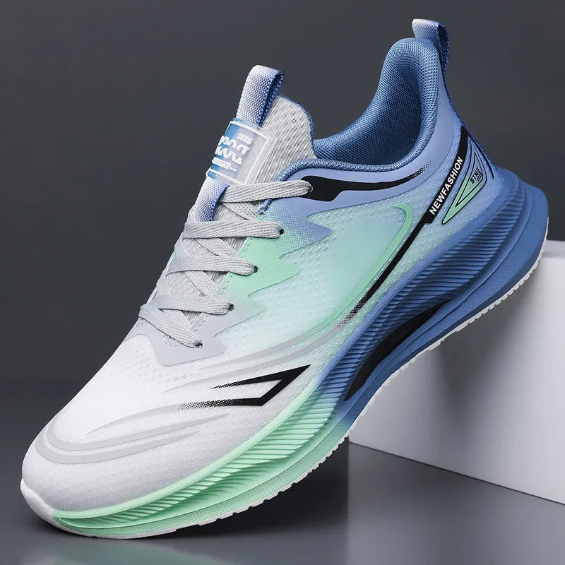 Men's solid colour casual shoes with mesh upper and rubber sole in black, blue, gray, and green options.