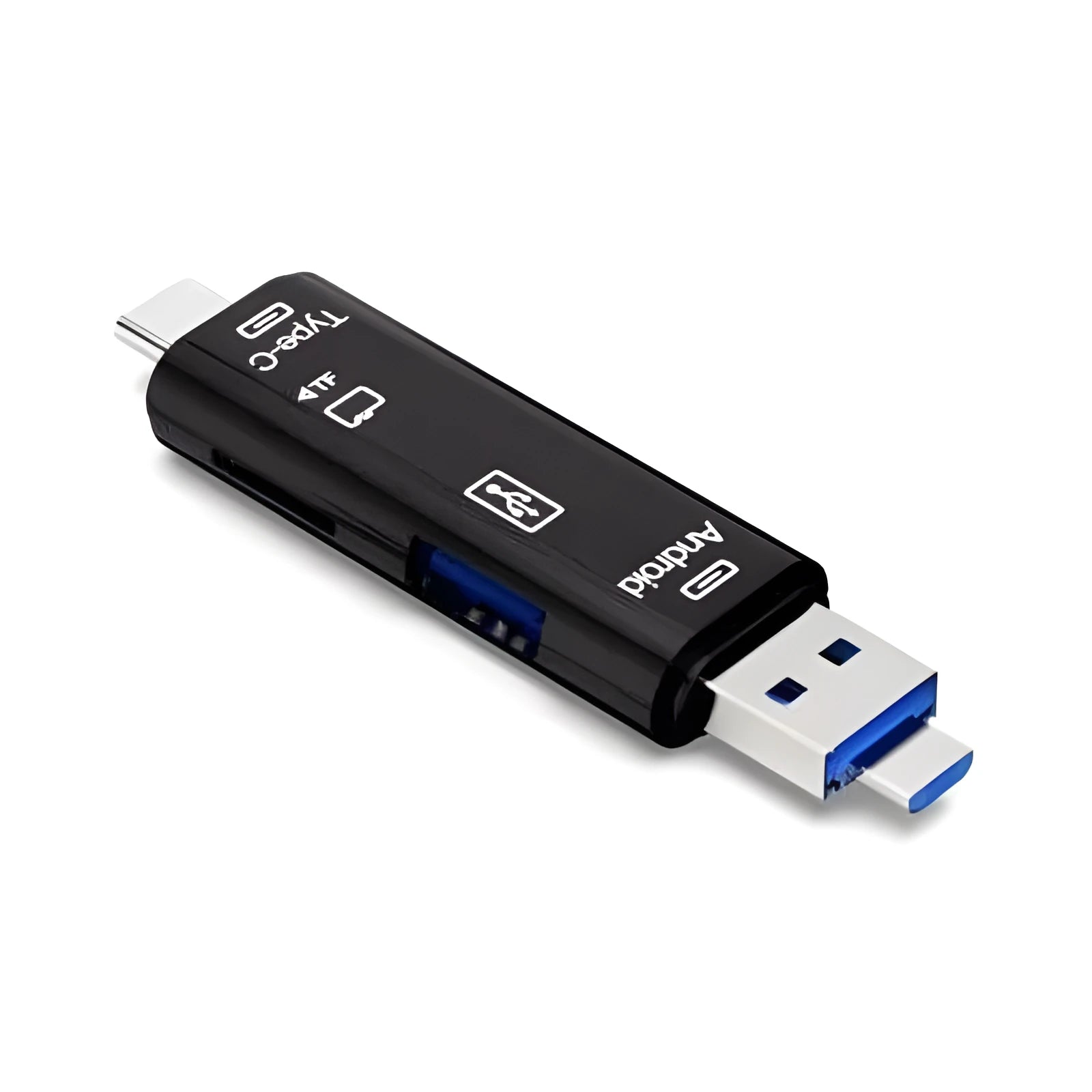 Black Type-C Micro USB OTG hub adapter with TF card reader slot and USB ports