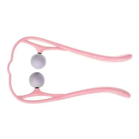 Blue handheld neck and shoulder massager with 3D floating-point heads and an adjustable plastic stand.
