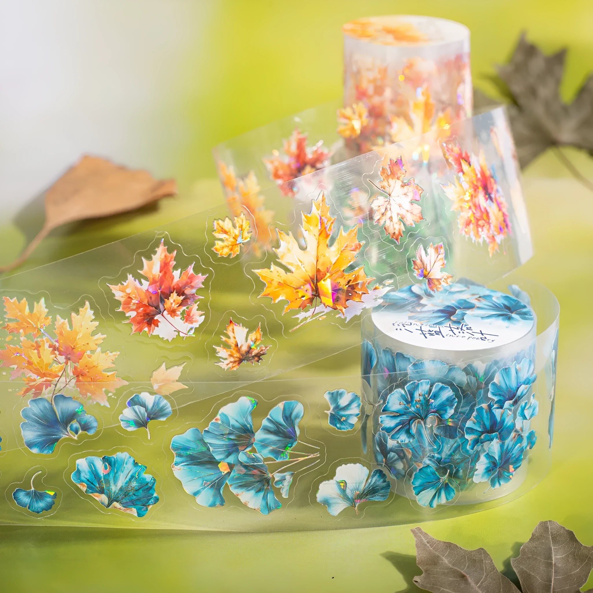 Six rolls of transparent PET decorative stickers with leaf patterns for hand account books