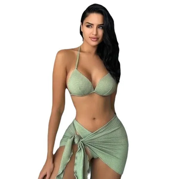 Women's black Russian split three-piece swimsuit set showing top, panties, and skirt