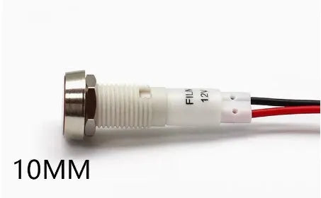 10mm stainless steel edge plastic indicator light with wire, showing blue, green, red, white, and yellow colour options.