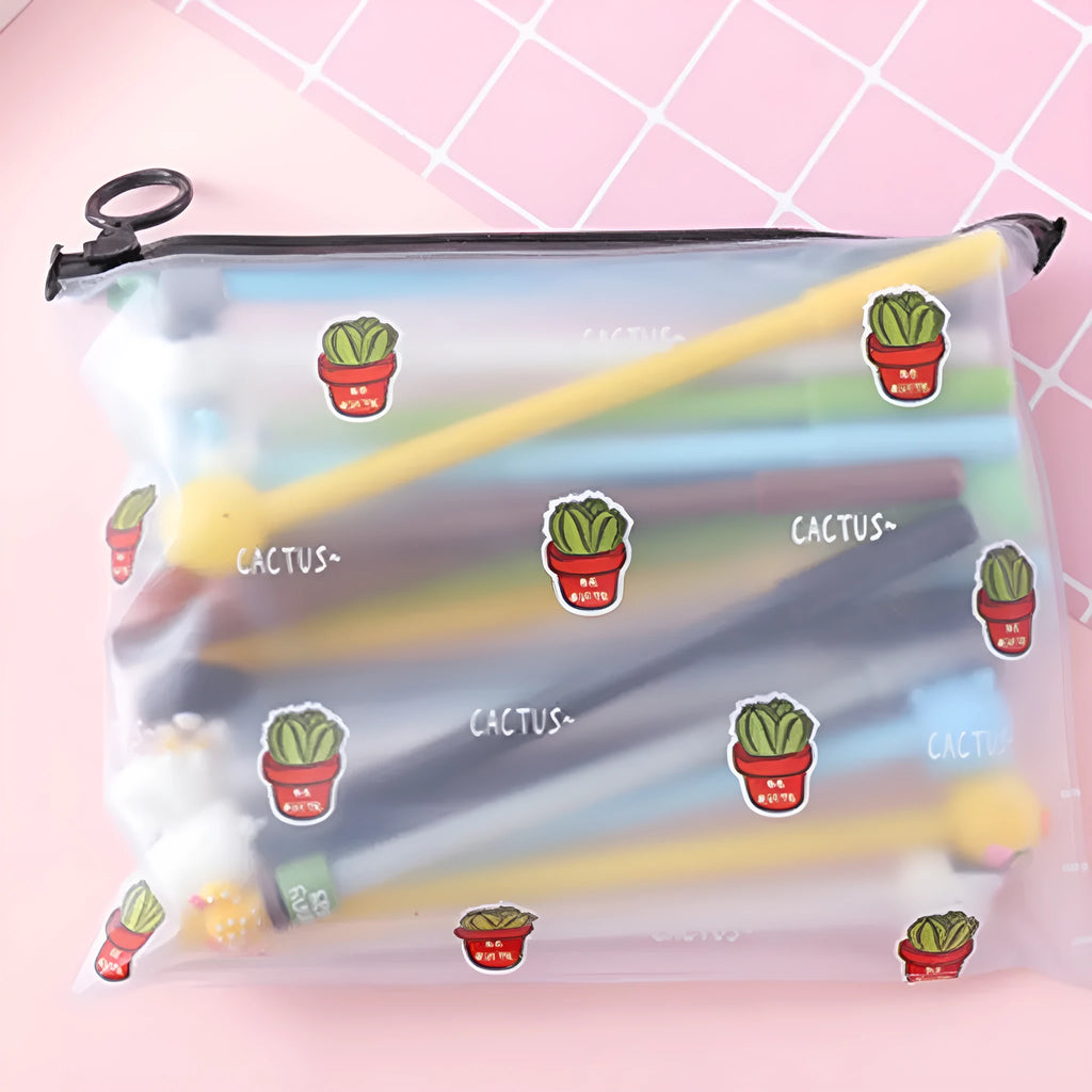 Set of twenty black 0.5mm gel pens with cartoon cactus designs in a plastic storage case measuring 21x17 cm