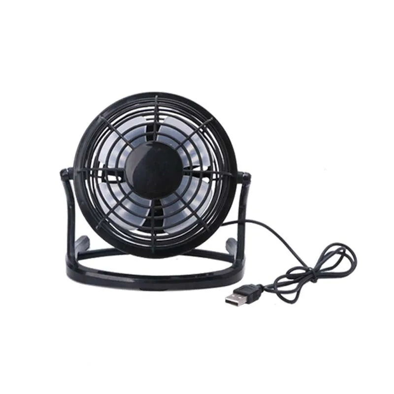 Mini USB desk fan in black colour with adjustable tilt, showing 96mm blades and USB cable