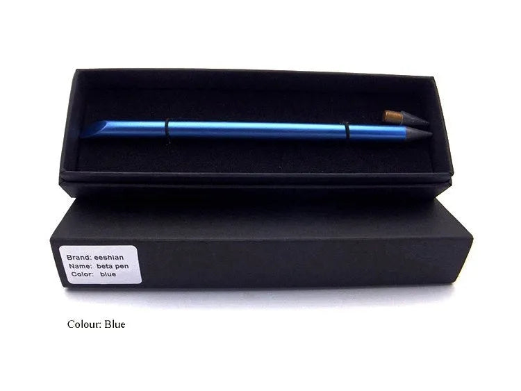 Silver inkless metal pen with spare nib and pen bag on a table.