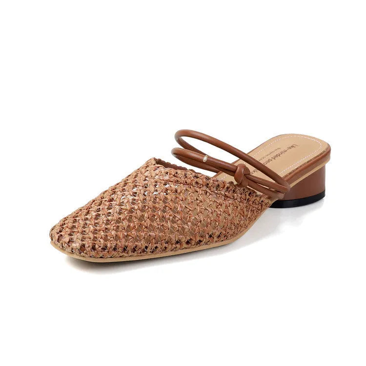 Women's black outdoor slippers with square toe box and chunky heels featuring breathable hollow-out design