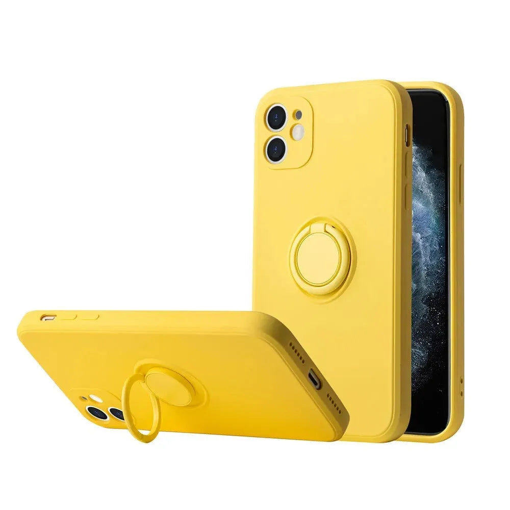 Liquid silicone iPhone 12 case with an integrated ring holder on the back, shown in a choice of colours.