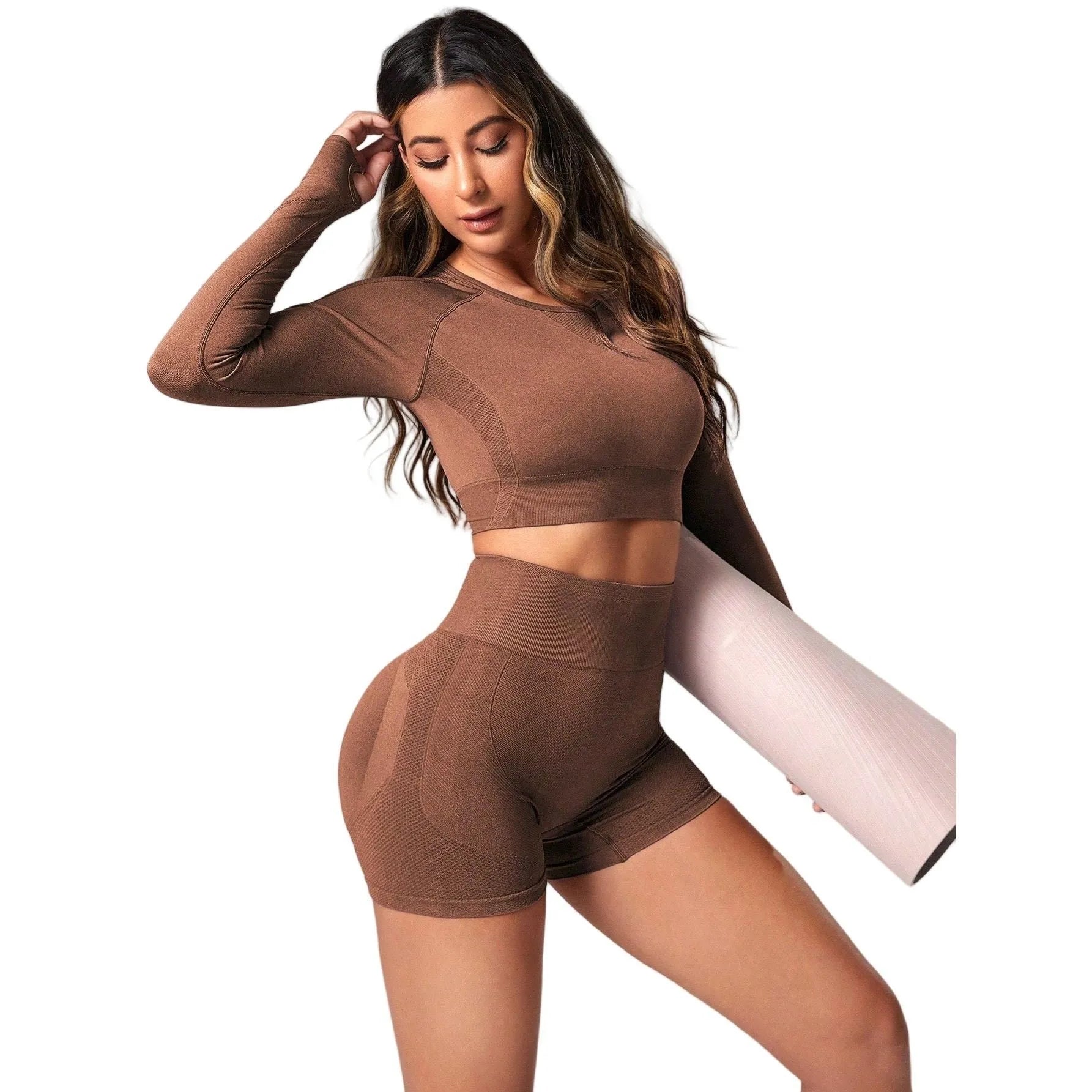 Women's black high-waisted yoga suit set with long sleeves and tight fit