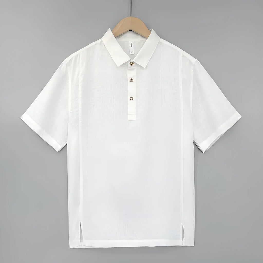 Men's light linen short sleeve shirt with thin lapels in a loose fit for summer.