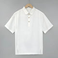 Men's light linen short sleeve shirt with thin lapels in a loose fit for summer.