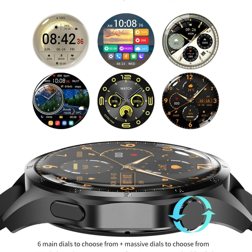 Black smartwatch with Bluetooth calling and health monitoring features on a silicone strap