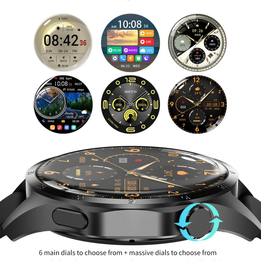 Black smartwatch with Bluetooth calling and health monitoring features on a silicone strap