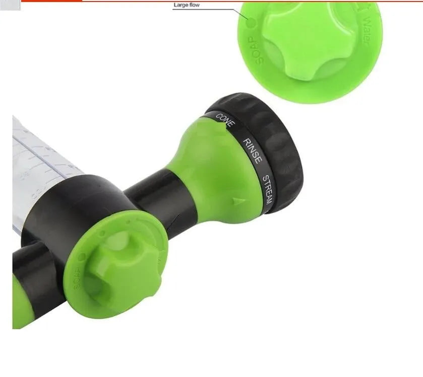 Green high-pressure foam spray water gun with adjustable nozzle for car and garden cleaning.