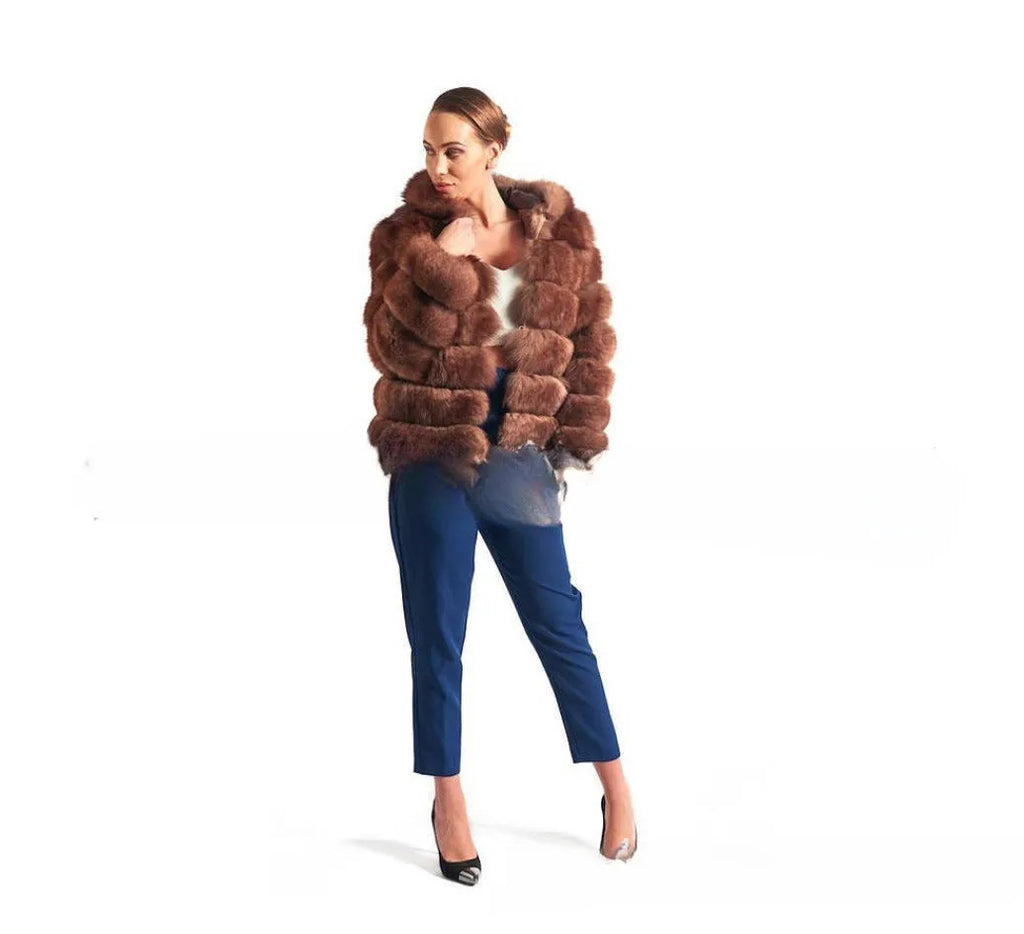 Women's loose fit hooded coat in artificial fur, shown in brown and white silver fox colours