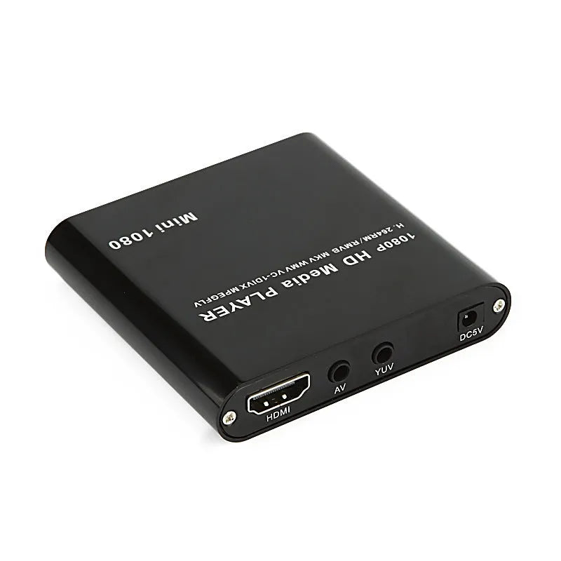 Compact blue and black all-metal 1080P Full HD media player with HDMI port for SD cards and USB drives.