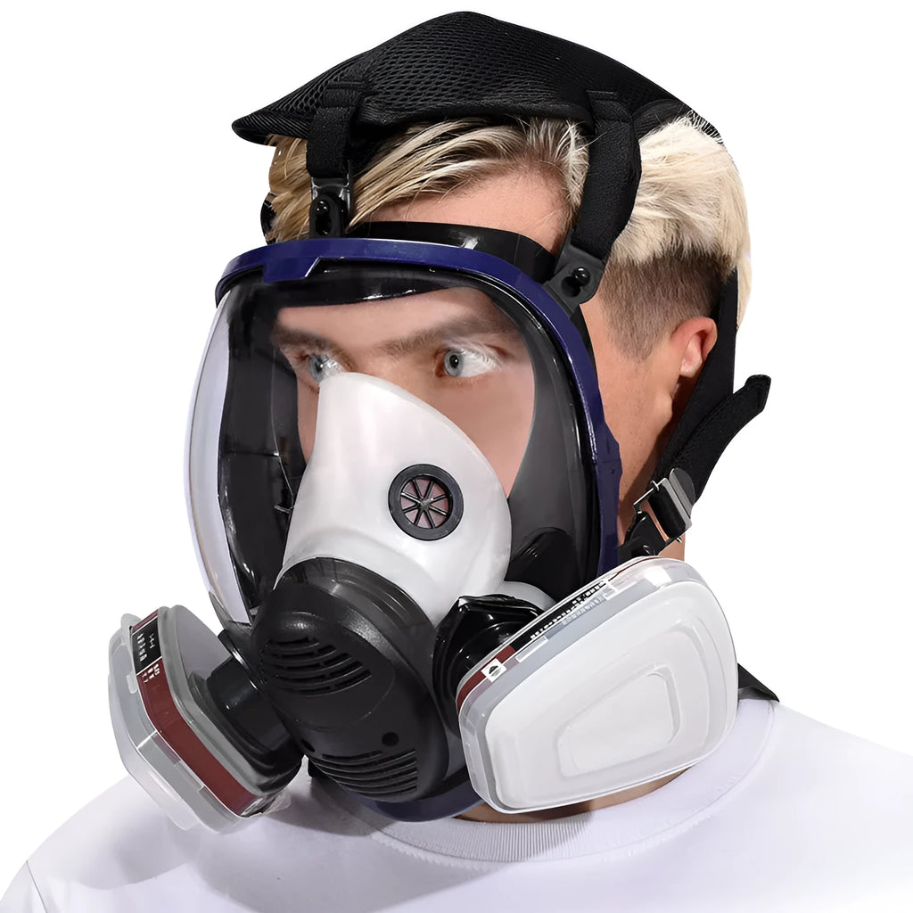 Spherical full-face gas mask with silicone trapezoidal canister and KN95 filtration for dust and gas protection