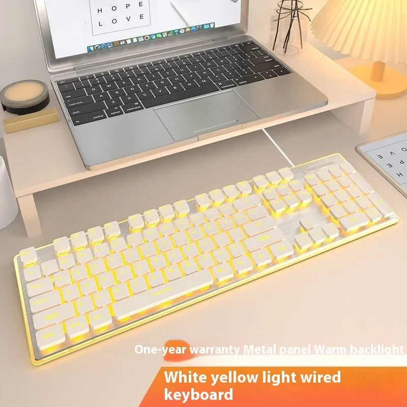Wired mute keyboard with mechanical feel keys, shown in a Metal Black case with blue LED backlighting.