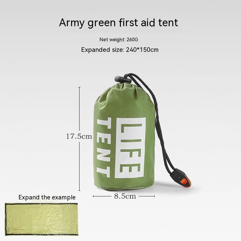 Orange portable disaster relief tent kit with sleeping bag and emergency blanket laid out.