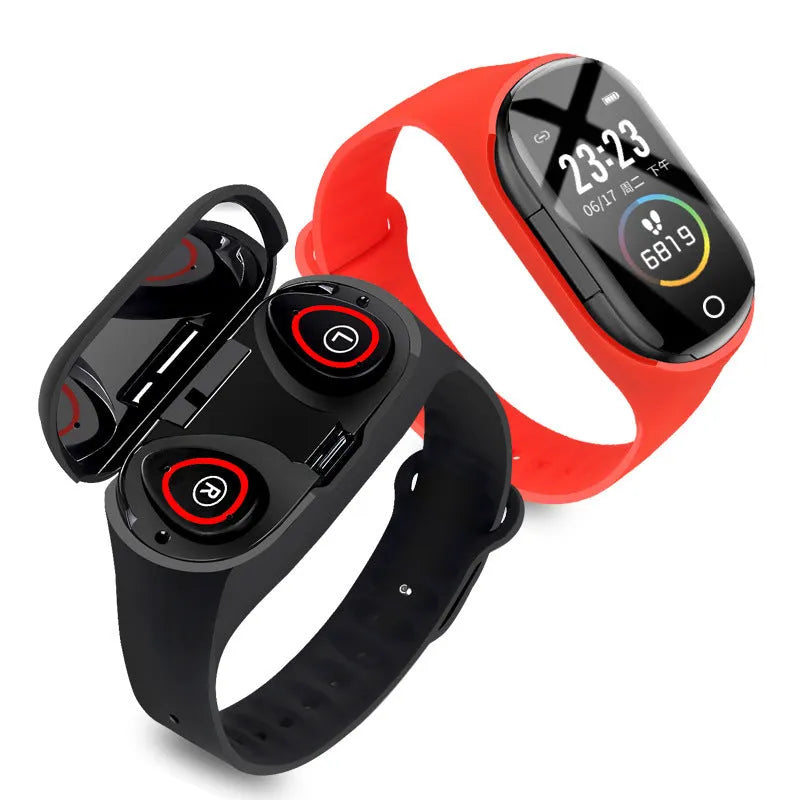 Smart bracelet with integrated wireless earphone in silicone wristband showing display screen and available in black, blue, or red colours