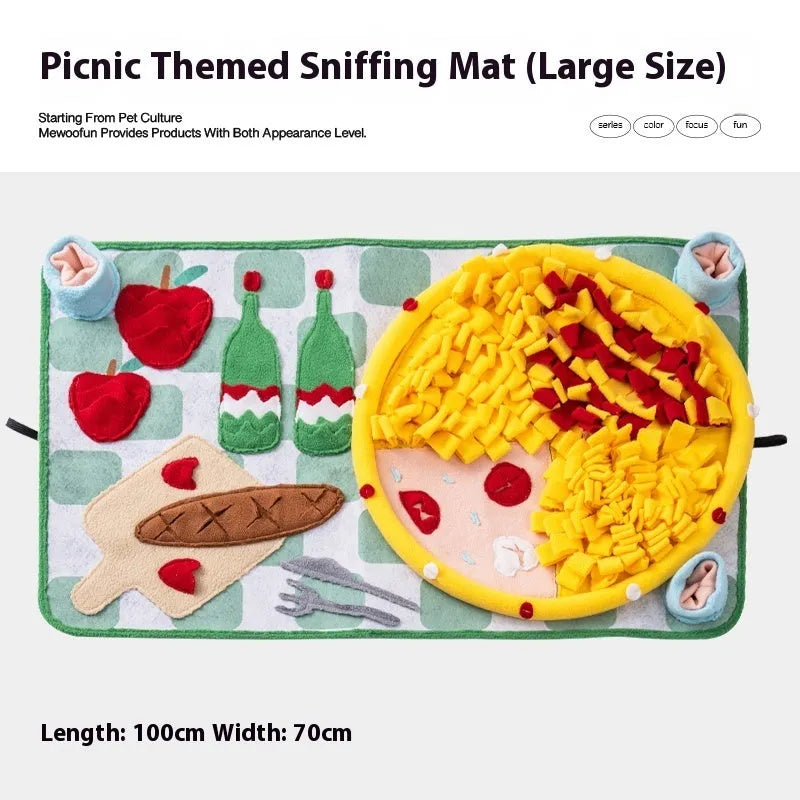 Fabric dog sniffing mat enrichment toy on a floor, Garden Camping theme.