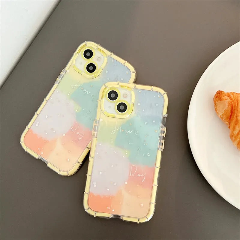 Minimalist yellow-edged silicone phone case for iPhone on a table, showing precise cut-outs for camera and ports.