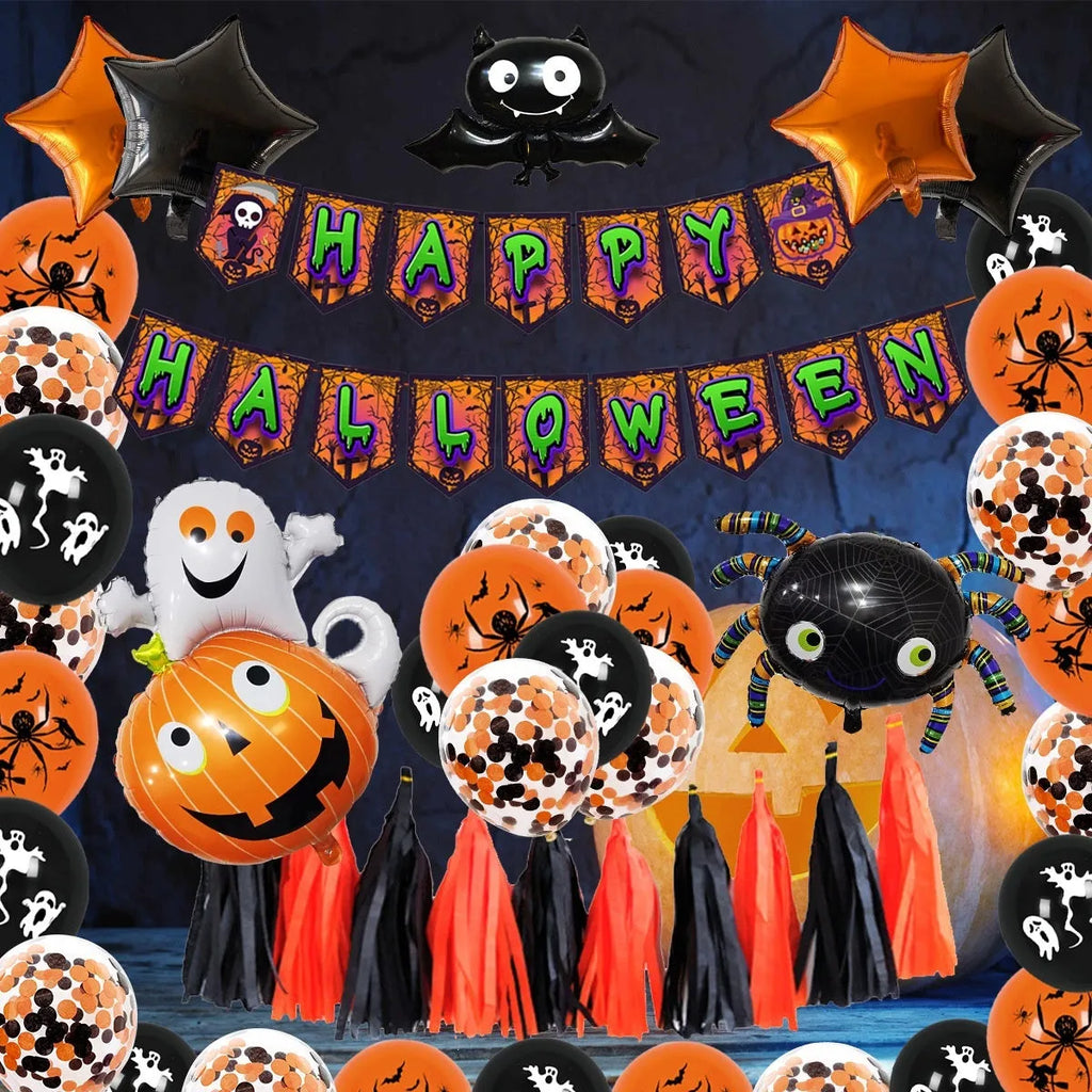 Halloween spider balloon arch decoration set with black and white latex skull and pumpkin balloons.