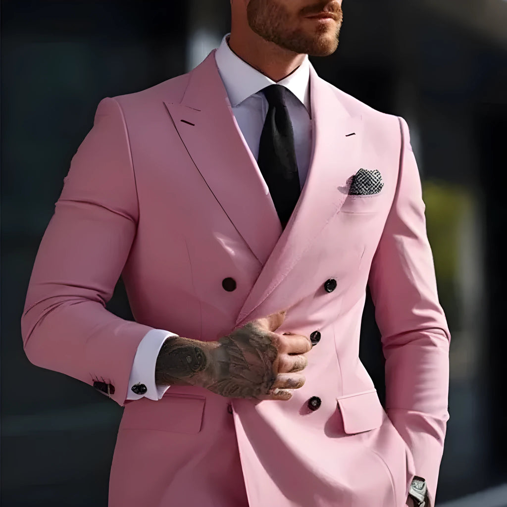 Men's grey Korean style slim fit two-piece business suit on a hanger.