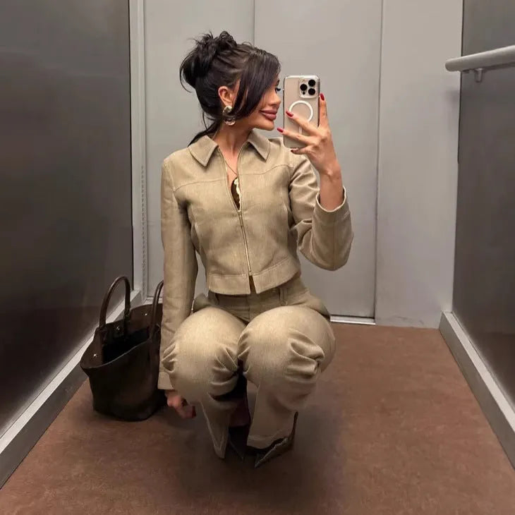 Women's herringbone pattern casual suit set with 3D embroidery, featuring a long sleeve jacket and straight leg trousers.