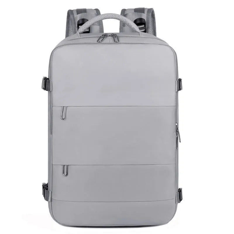 Large-capacity purple travel backpack for women with multiple compartments and an air pillow shoulder strap.