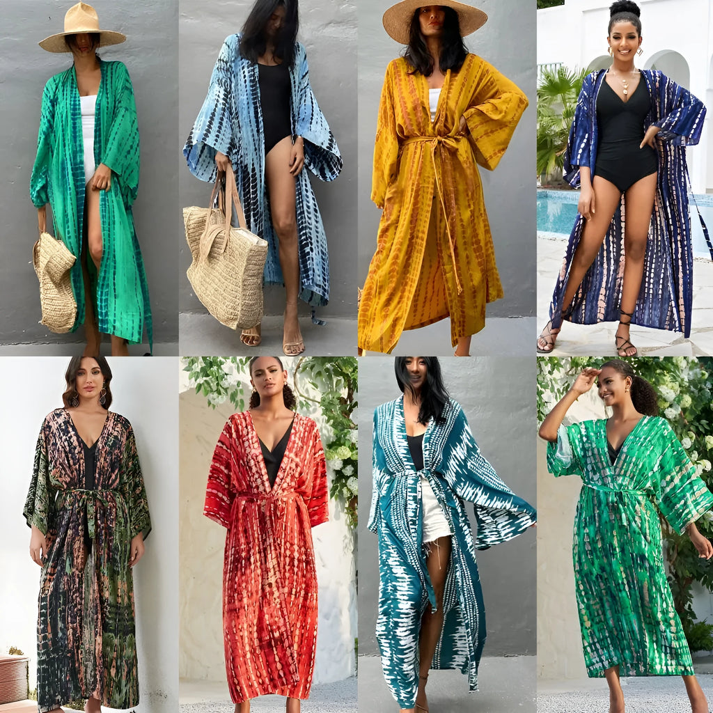 Loose cotton beach cover-up shirt in a printed design on a mannequin