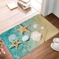 Personalised flannel floor mat in square shape with coastal starfish print and polyester fibre material