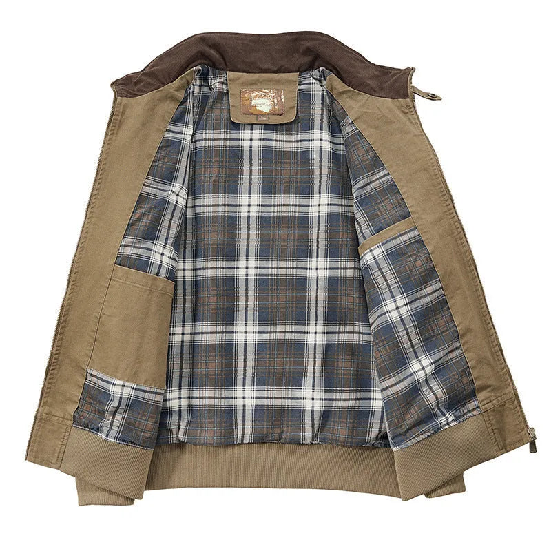 Men's washed cotton baseball flight jacket in Army Green colour on a hanger