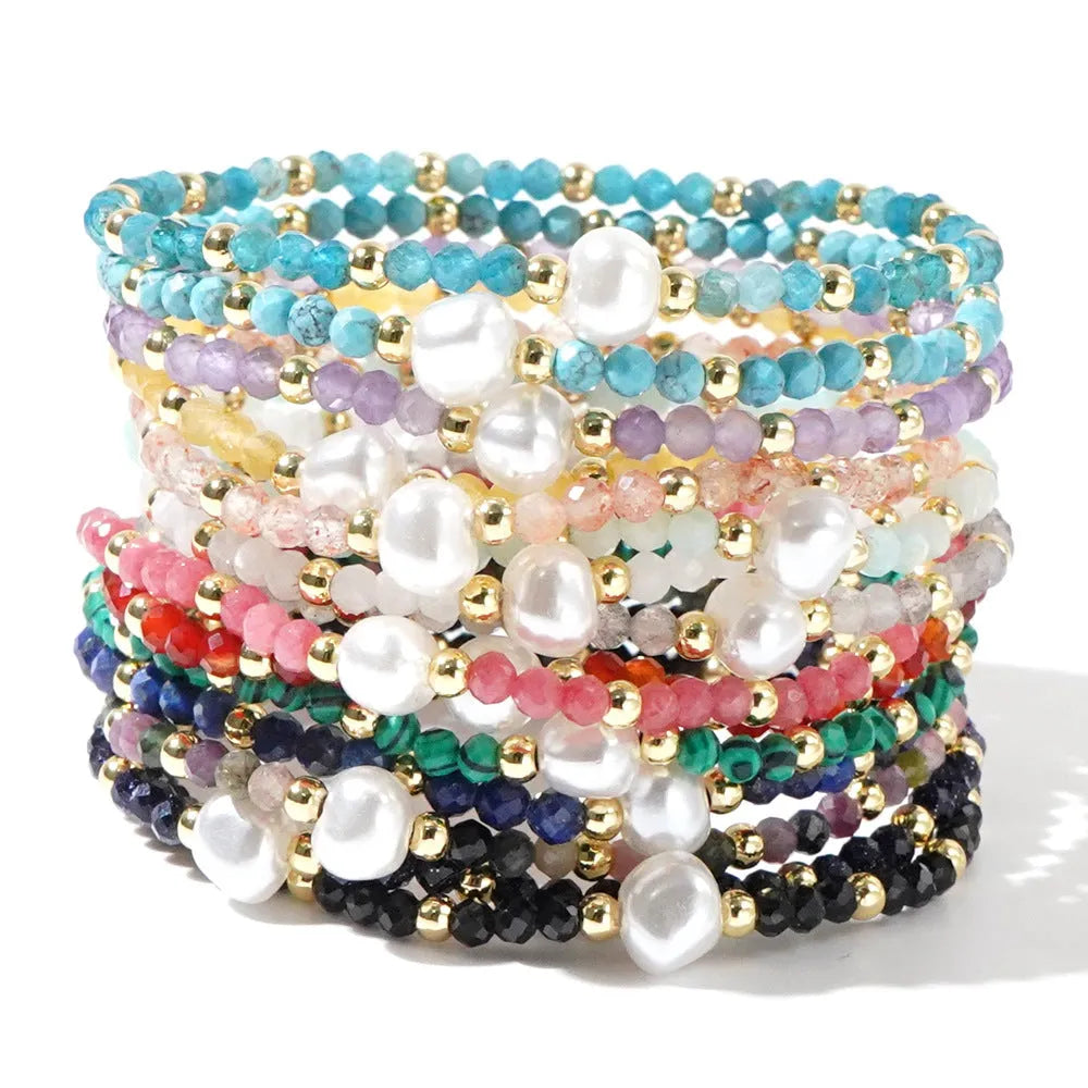 A geometric natural stone bracelet with an ellipse detail, shown in one of fifteen available colour options.