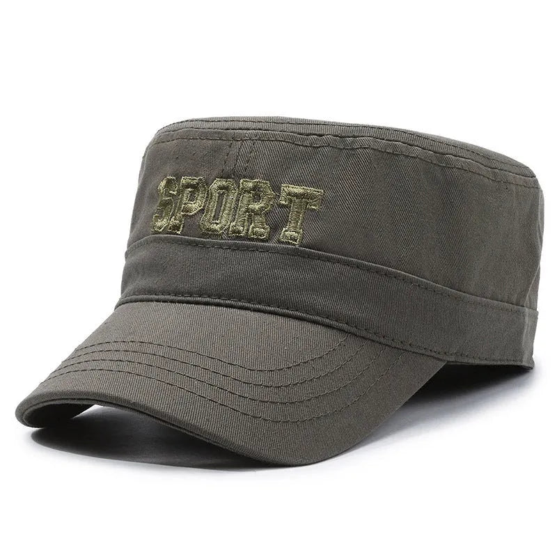Men's flat-top cotton peaked cap in army green with adjustable strap and English letter detail.