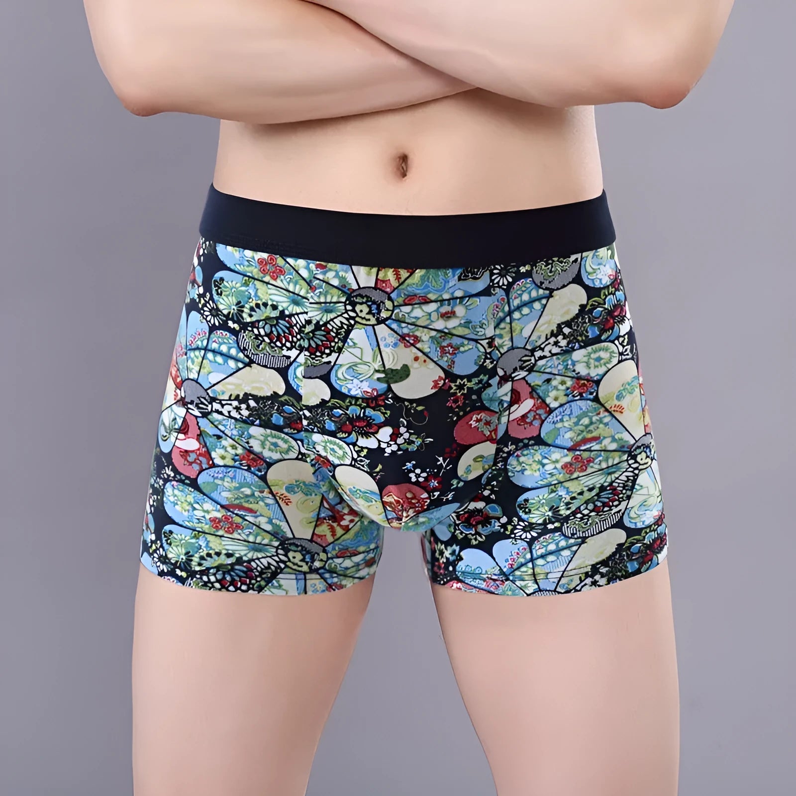 Men's cotton boxer underwear with U-shaped design in floral pattern colours